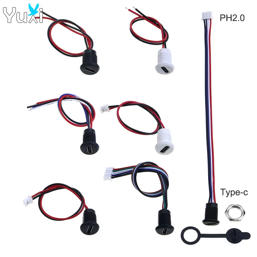 YuXi 1 Piece 2-5Pin Type-C Connector USB-C Charging Port Waterproof Female Socket With PH2.0 Terminal Soldering Wire
