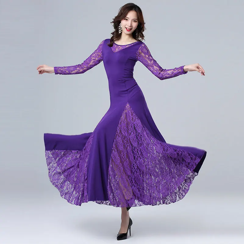 Elegant Latin Dance Dress for Women Waltz Ballroom Dance Costumes Long Lace Latin Dancing Dress Party Modern Costume Cha Cha