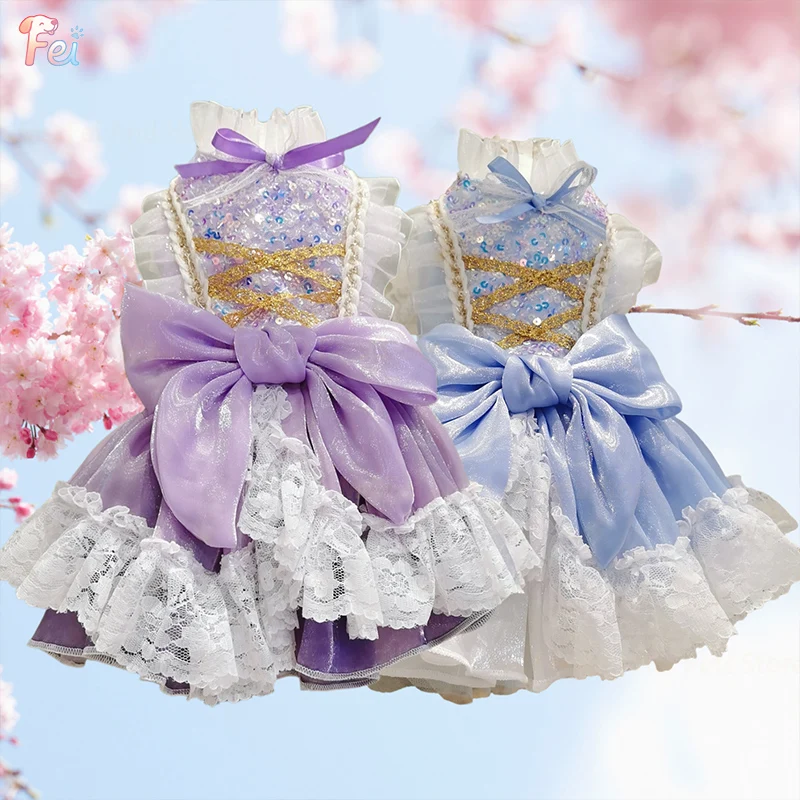 

Luxury Purple Lolita Pet Dog Clothes Fashion Blue Purple Sequin Bow Lace Dresses For Small medium Dog Handmade Dog Coat Dress