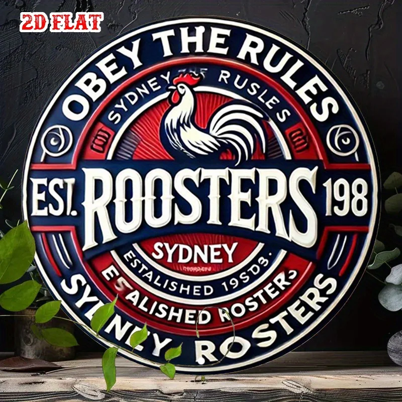 2D Flat, 1pc Sydney Roosters Rugby Team Round Aluminum Sign - 7.87x7.87 Inch Rustic Metal Wall Art with Rooster Mascot, Bold Red