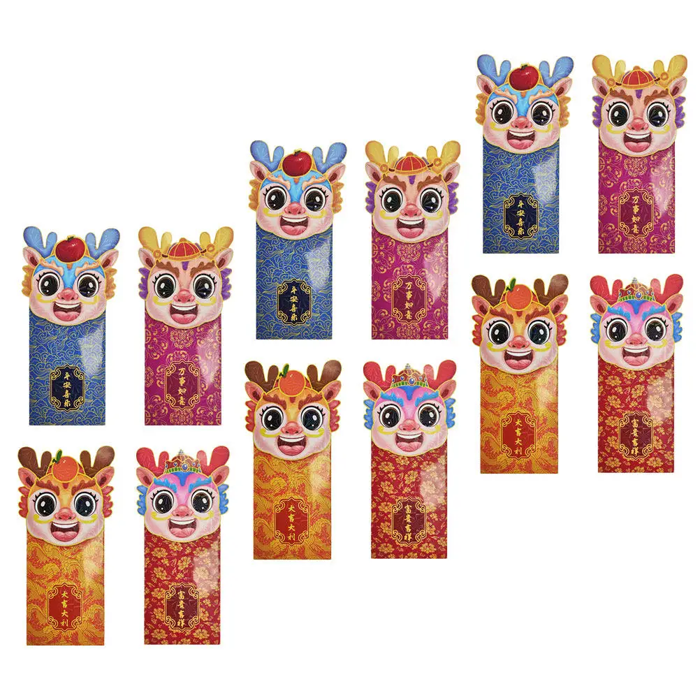 

12Pcs Chinese Red Envelopes 2024 Dragon Zodiac Lucky Money Envelopes Creative Cartoon Design Paper Red Pocket Easy Seal Festive