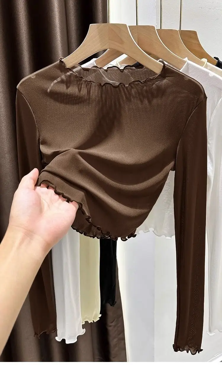 Damen-Oberteil aus kurzem, seidigem Mesh-Stoff, dünne, transparente Sommerbluse mit Rüschen und Spitze, lässiges Innenkleidungsstück, geeignet als Unterhemd oder zum Tragen unter einem Kleid, bietet Sonnenschutz, weiches Oberteil. – Detail 9