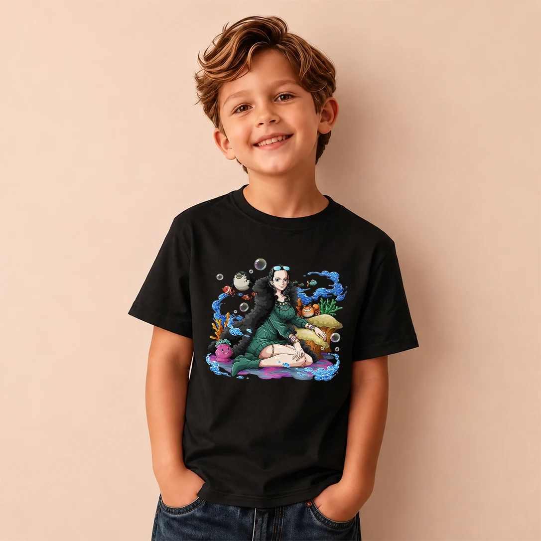 Kids T‑Shirt One Piece Nico Robin Underwater World Print Short Sleeve Casual Tops Boys Girls Anime Children Daily Wear Tees