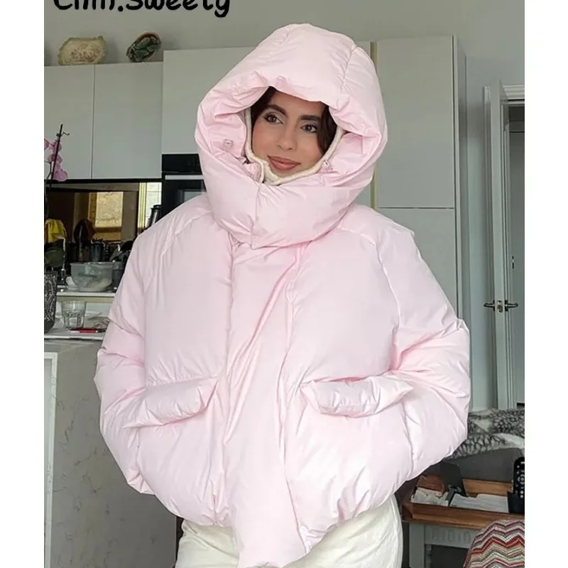 

Warm Women's Hooded Cotton Padded Coats Loose Solid Stand Collar Full Sleeve Zipper Pockets Coat 2025 Autumn Winter Lady Outwear