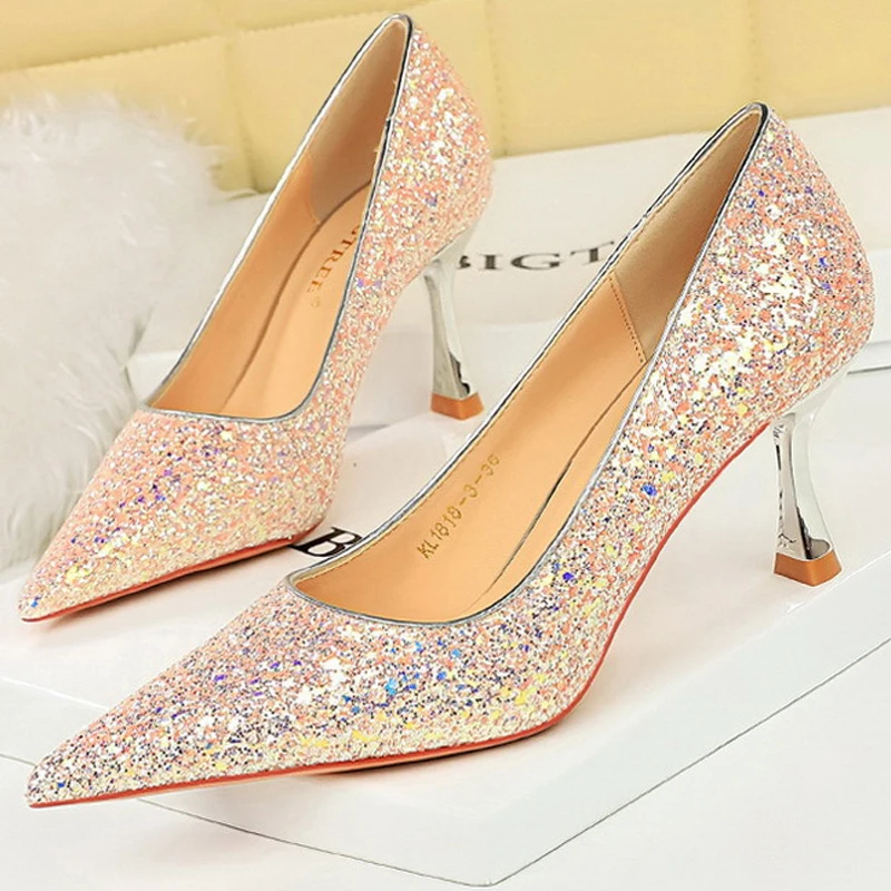 BIGTREE Shoes Women 7 Cm Heels Shiny Sequin Cloth Women Pumps Metal Heel Lady Heels Fashion Wedding Shoes Luxury Party Shoes