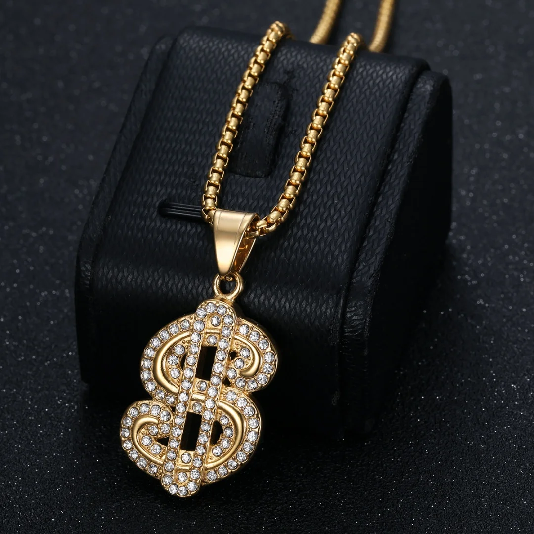 Vintage Fashion Tennis Dollar Signs Pendant Gold Silver Color Stainless Steel Zirconia Money Necklace for Woman Man Jewelry Gift