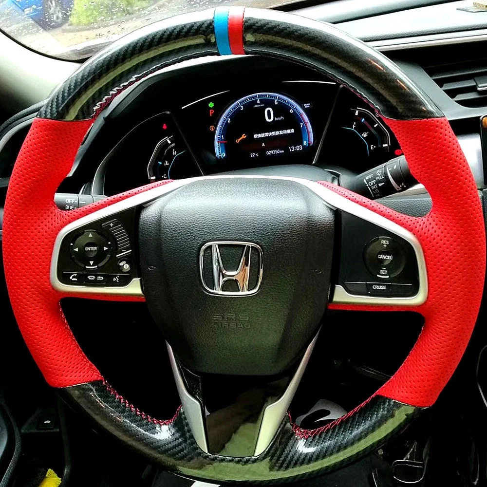 Hand Stitched Black Genuine Leather Carbon Fiber Car Steering Wheel Cover For Honda Civic 10 CR-V 2017-2021 Clarity 2018-2021
