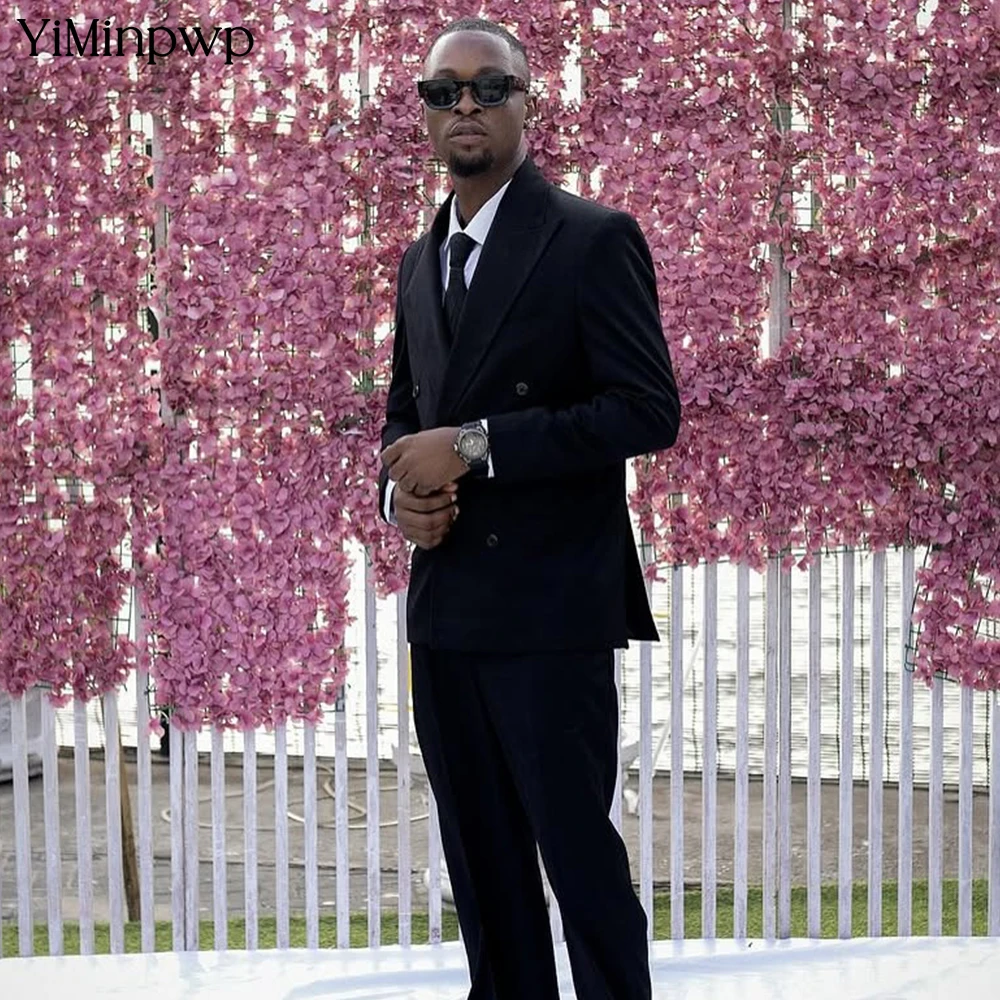 

YiMinpwp Black Suits for Men Peak Lapel Double Breasted Fashion Groom Wedding Banquet Prom Party Tuxedo Two Piece XS-5XL