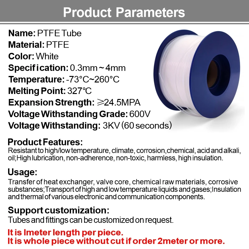 1M PTFE Tube ID 0.3 0.6 0.8 1 1.2 1.5 1.6 1.8 2 2.5 3mm F46 Capillary Insulated Hose Rigid Pipe Temperature Corrosion Resistance