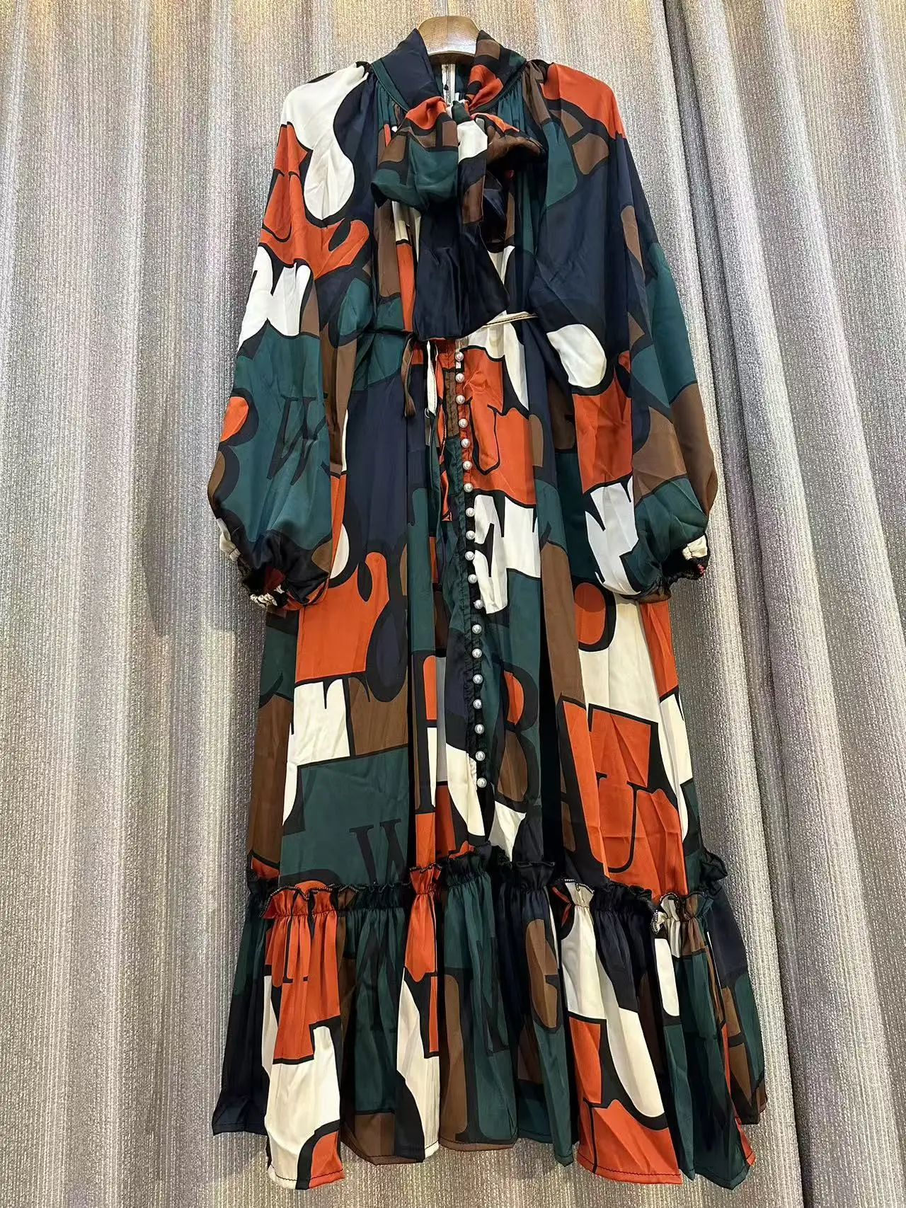 Fashion Loose Single Breasted Lace Up Dress Lantern Sleeve High Quality Maxi Dresses for Women Spring Autumn Print Design Stripe