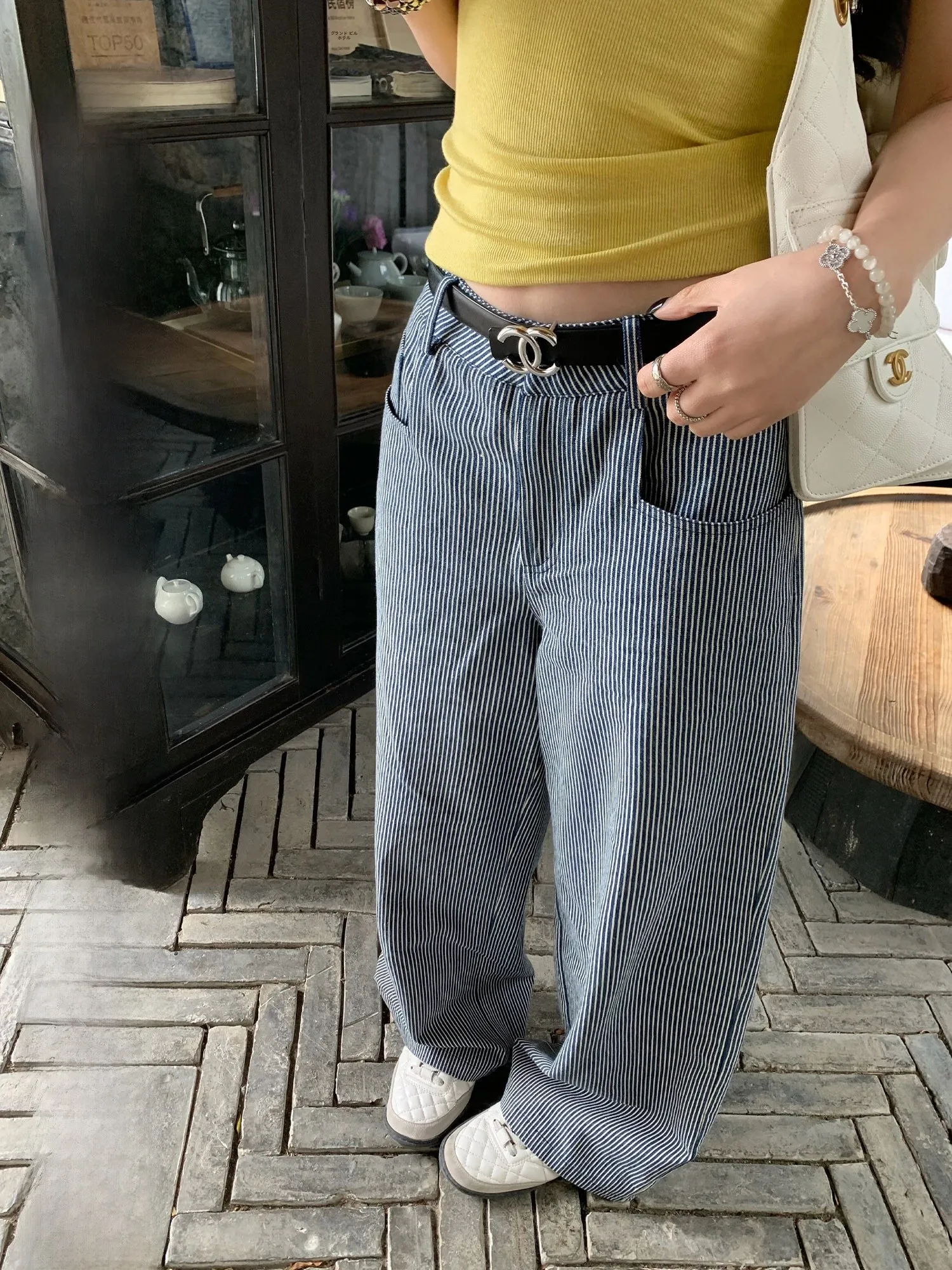 

Универсальные джинсы Hhyii в ретро-стиле с полосками, широкие, свободные, скрывающие недостатки фигуры, прямые брюки с высокой талией на пуговицах