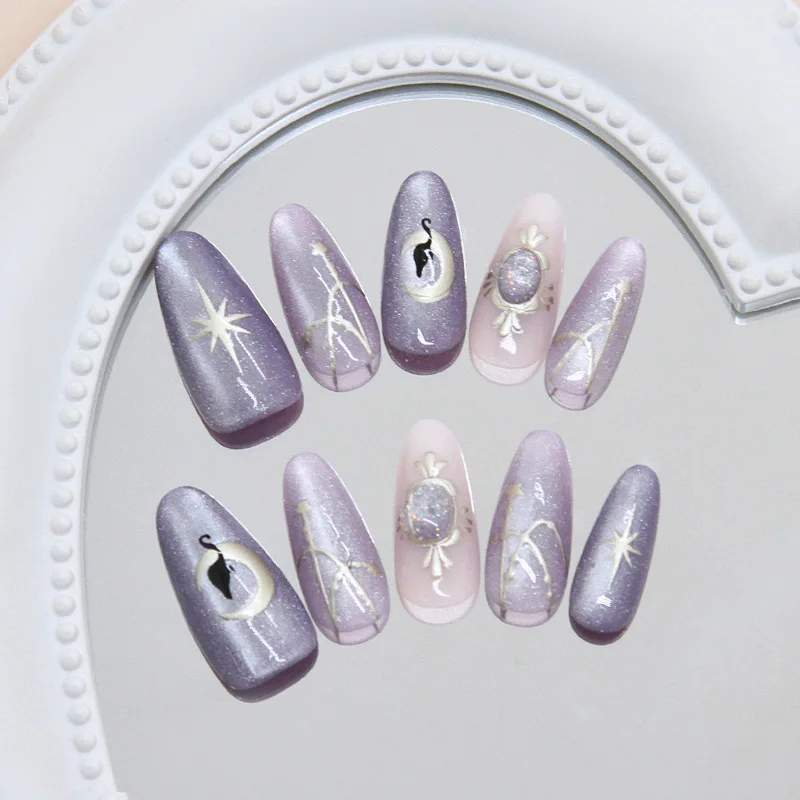 

24PCS Luxury Cat Eye Fake Nails with Aurora 3D French Almond Press on Nails European American Gentle Sweet Design False Nails 네일