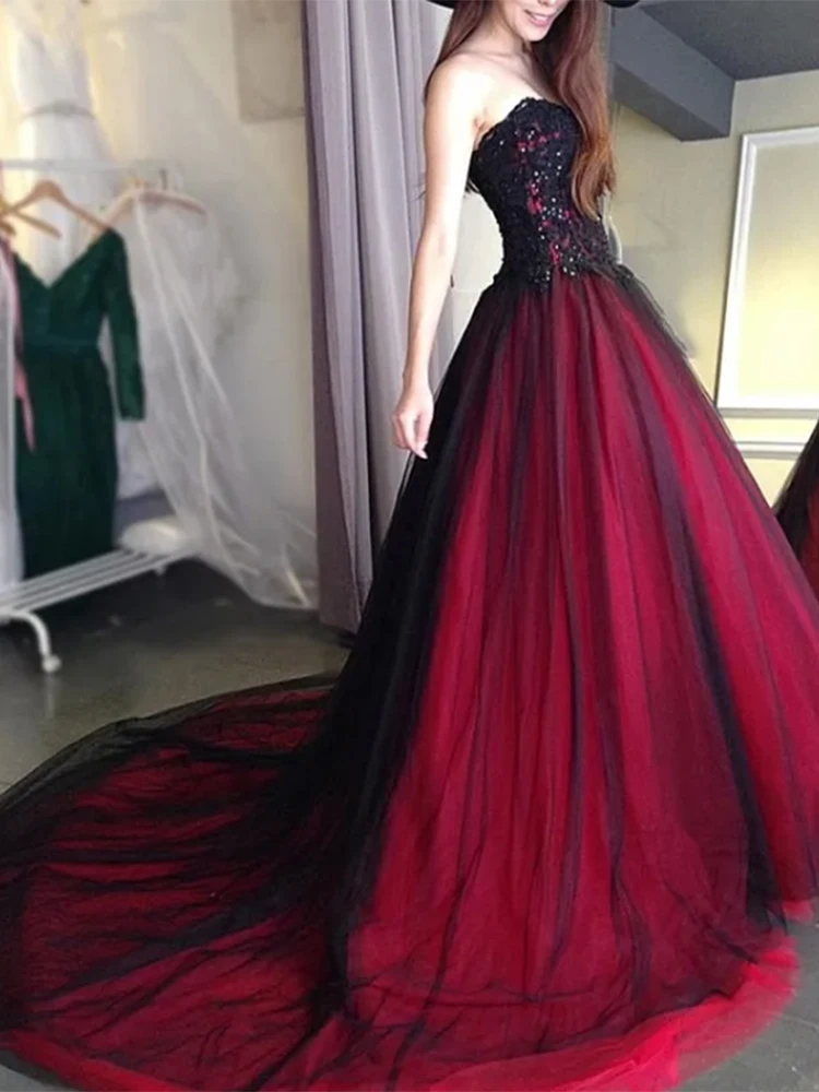 Gothic Wedding Dress With Color Sweetheart Lace Up Back Appliques Long Black Burgundy robe de soiree vestido longo de festa