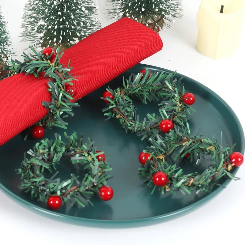 Merry Christmas Red Berry Pine Needle Wreath Design Napkin Ring Christmas Table Decorations For 2024 Xmas Navidad Party Supplies