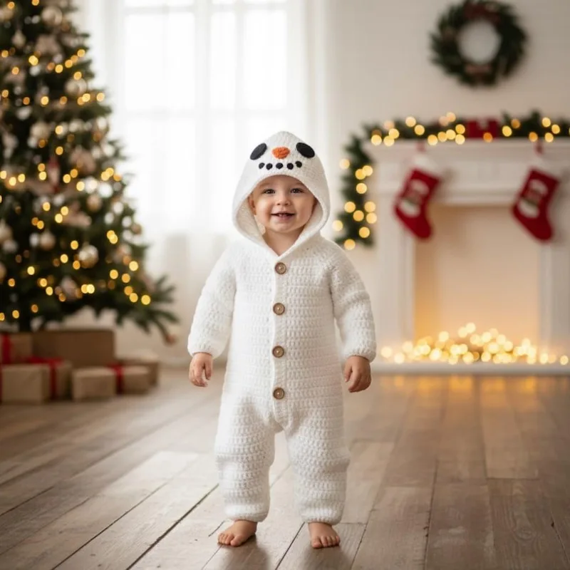Handmade Crochet Snowman Baby Romper - Newborn Photography -ropa De Bebe Niña-크리스마스 아기옷 - Костюм Для Фотосессии Новорожденных