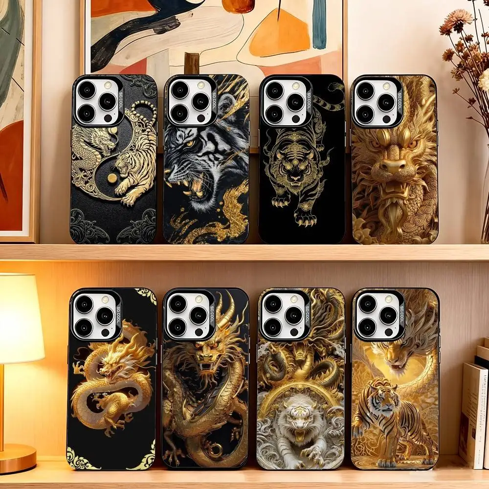 

Shiny Golden Dragon and Tiger Phone Case For iPhone 17,16,15,14,13,12,11 Plus,Pro Max,XS,Colored Silver Plated Inside Cover
