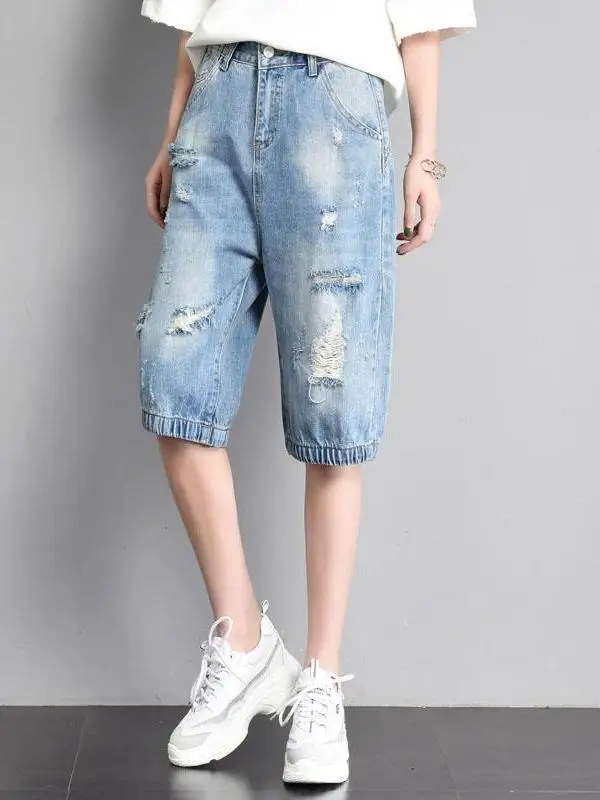 Niebieskie dżinsowe spodnie typu skinny z wysokim stanem, letnie, cienkie, damskie spodnie harlan, spodnie typu lantern, luźny krój, casualowe, bawełniane, elastyczne.