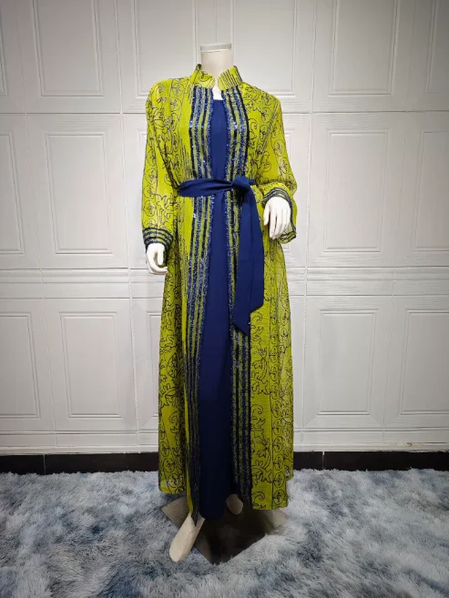 Middle Eastern Muslim Robes Two-piece Suit with Belt Dubai Dress Elegant Cardigan Long Skirt