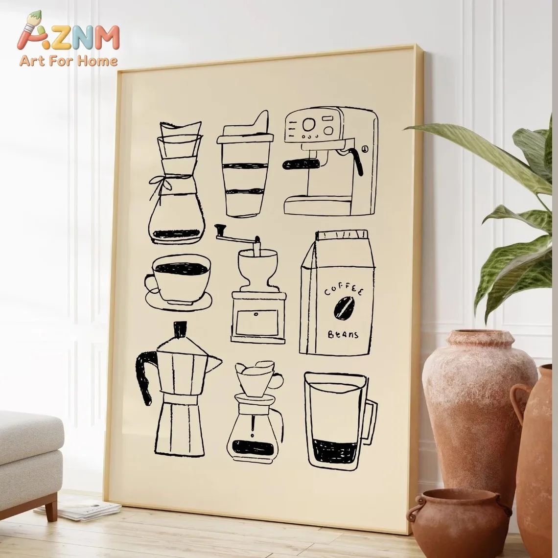AZNM Beige Background Black Line Coffee Tools Canvas Wall Art Hand Drawn Coffee Maker Grinder Cup Sketch Unframed Canvas Print K