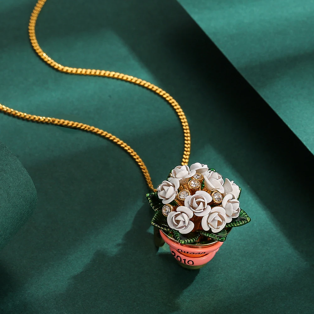 

1Pc Enamel Colored Glaze Bow White Rose Bouquet Pendant Necklace, Sweet Sweater Chain for Women Accessories,Jewelry Decor Gift