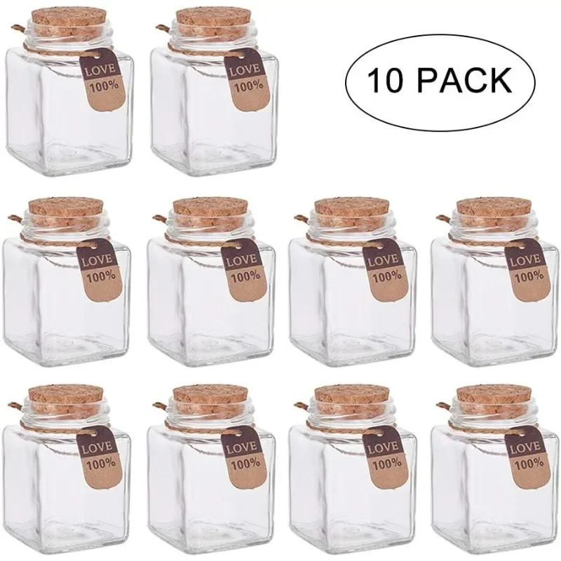 10 Pack 3.4oz 100ml Glass Favor Jars with Cork Lids Tags and Strings Square Glass Jars for Home Party Candy Snacks