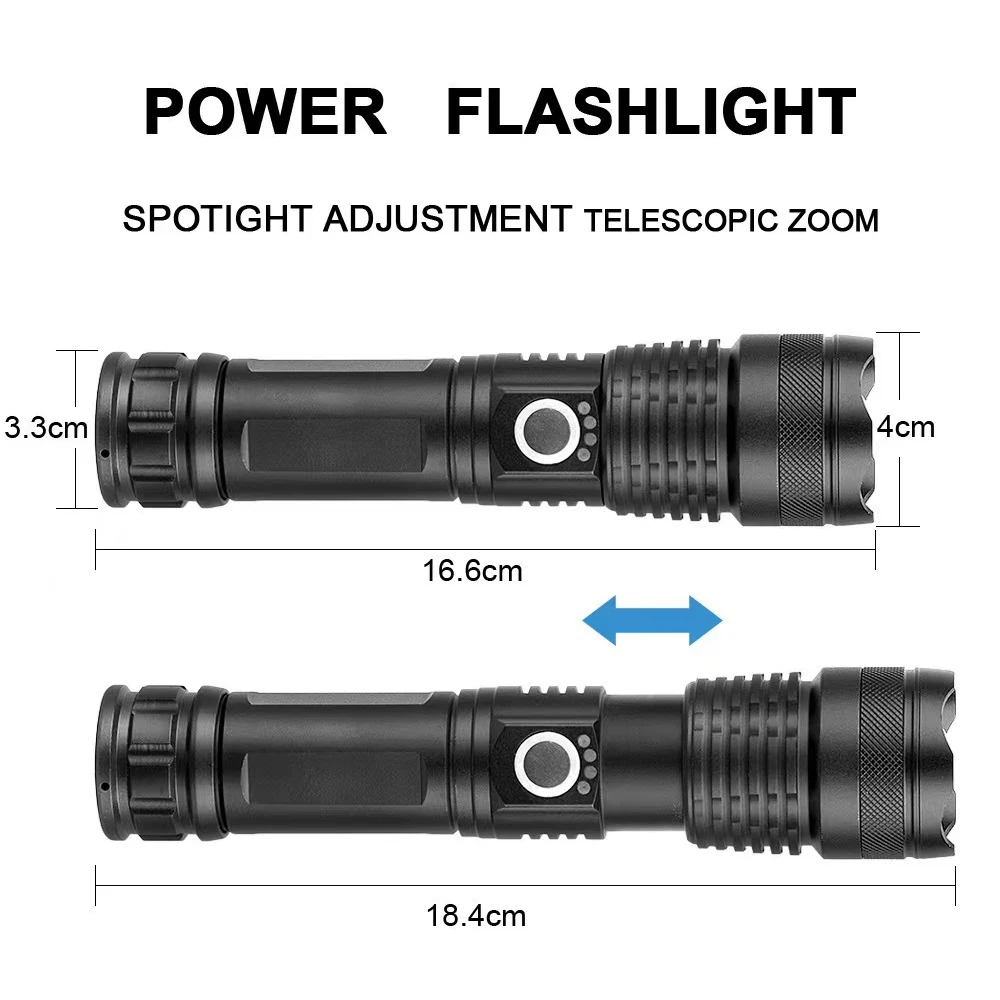 LED portable XHP50 aluminum alloy telescopic flashlight Power display USB charging P50 flashlight