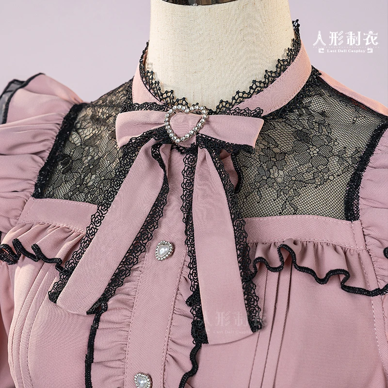 일본 레이스 스탠드 칼라 오프숄더 긴팔 하트 버튼 셔츠 하이웨이스트 비즈 체인 플래드 스커트 투피스 세트 여성