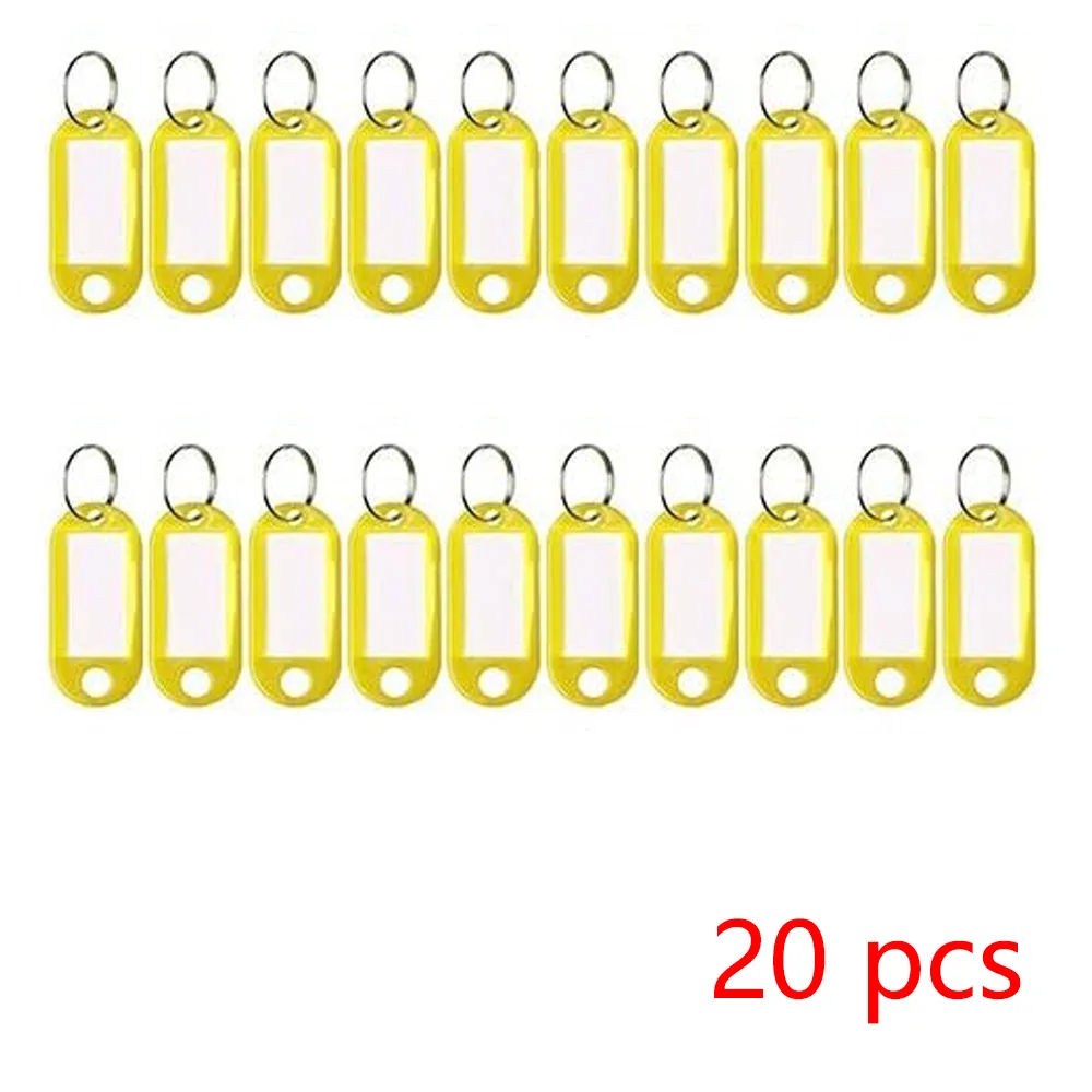 20/100 Stück Schlüsselanhänger, beschriftbarer Kunststoff-DIY-Namensring für Gepäck, Papieretiketten, Schlüsselanhänger, Koffer, Haustiermarkierungen, Zubehör, mehrfarbig