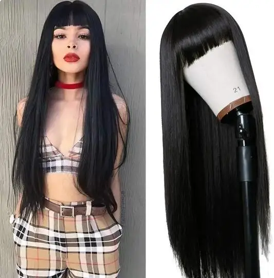 

Remy Long Straight Hair Wig, Natural Black Heat Resistant Fiber Hair, Full Machine Wig with bangs, Role Playing Party Wig, Fashi