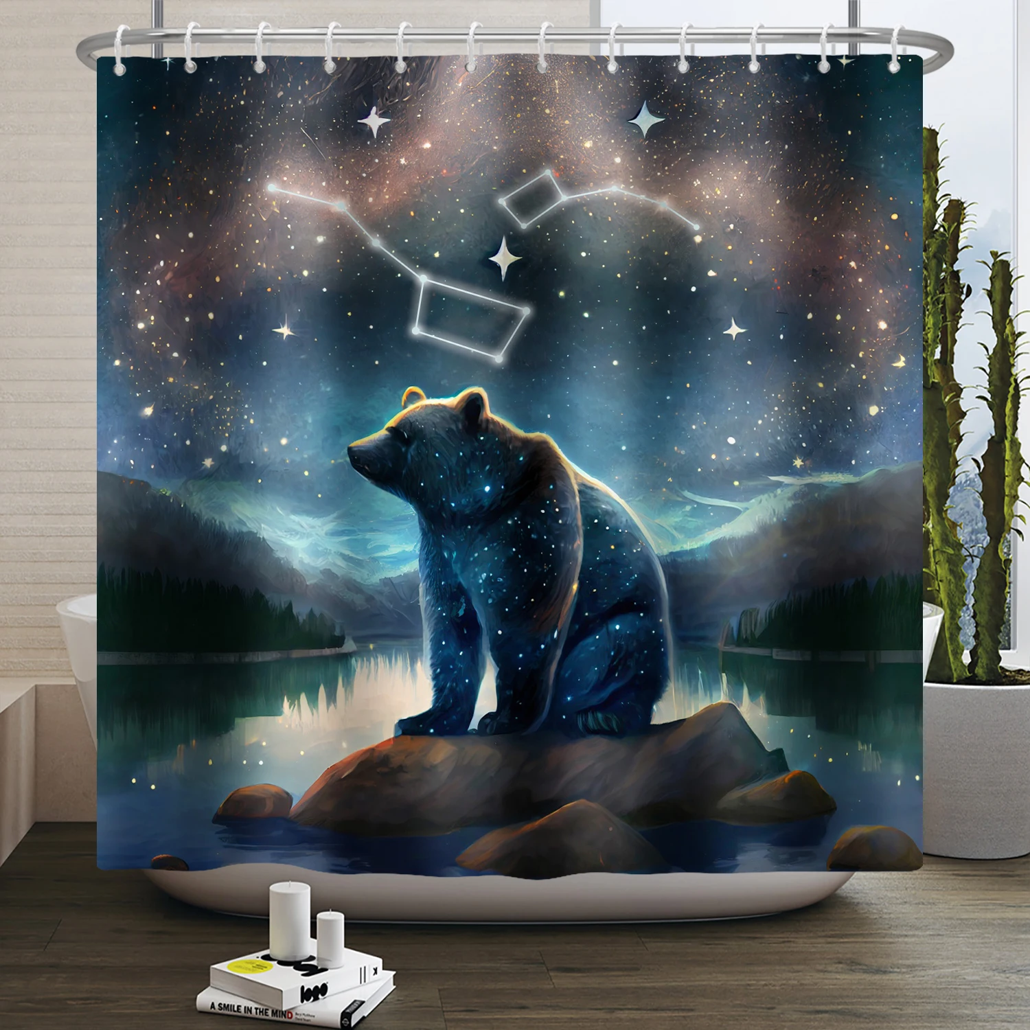 

Starry Sky Night Polar Bear Scenery Shower Curtain Waterproof Fabric Bath Curtain Bathroom Accessorie Decor