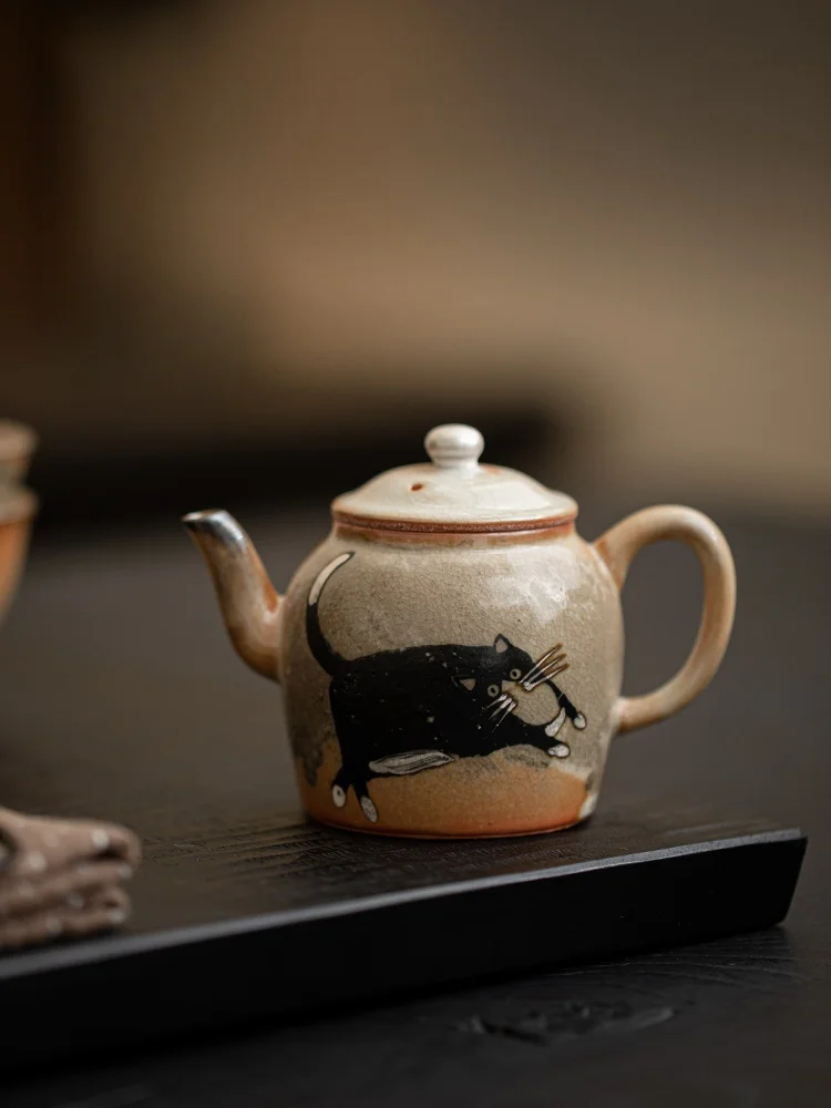 Handmade Gilt Silver Cat Teapot Japanese Wood-fired Porcelain Zhiye Pot Tea Maker Kettle Tea Services Accessories Collection
