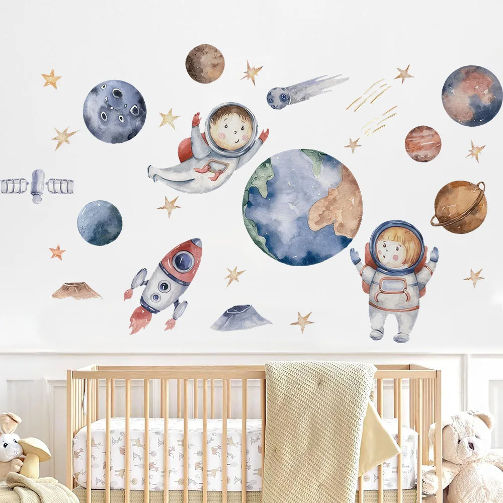 Watercolor Outer Space Astronaut Planet Wall Stickers Baby Nursery Kids Room Solar System Wall Decals Bedroom Living Room Decor