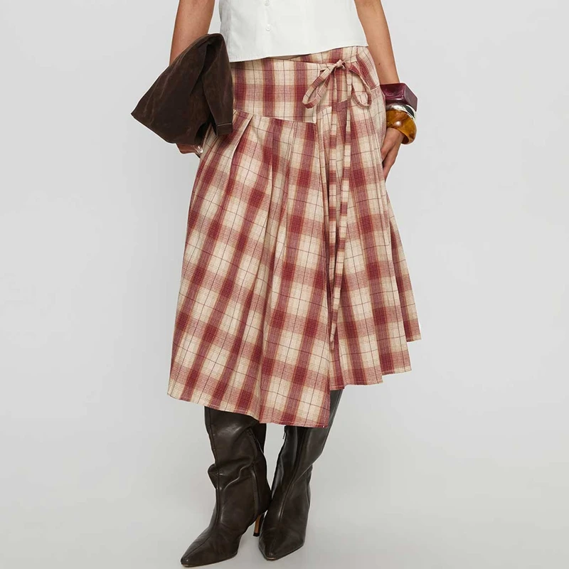 

Women Vintage Plaid Midi Skirt Stylish Irregular Hem Bow Tie Pleated Skirts Preppy Cute Y2k Aesthetic Gingham A Line Skirt