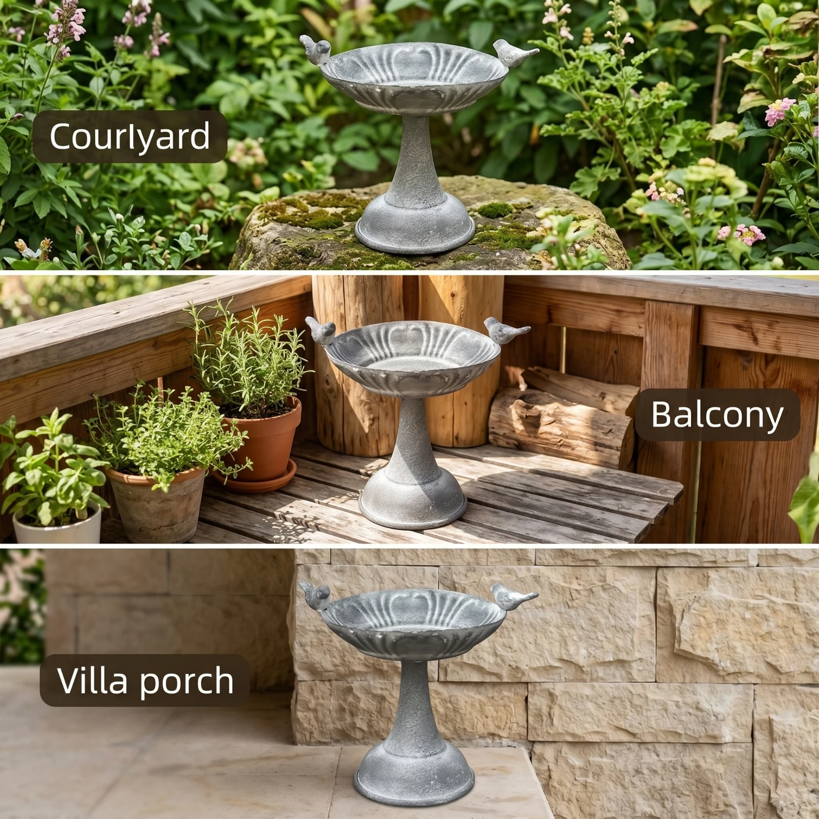 Decorative Bowl with Birds Weathered Metal Pedestal Dish Planter Stand Lightweight Compact for Decorators, Garden Table, Patio view 4