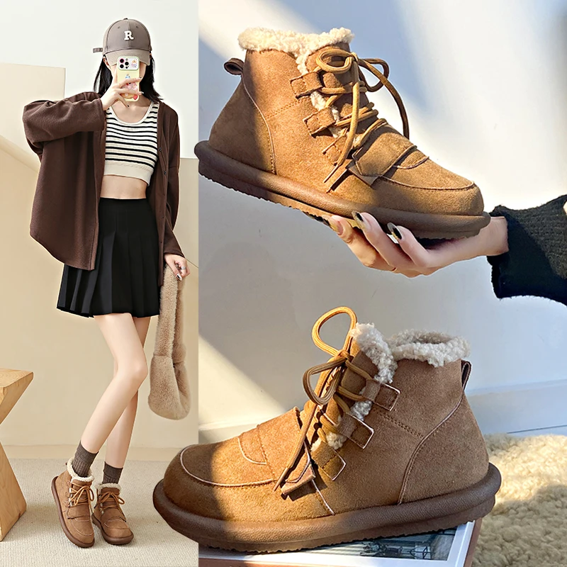 أحذية الثلوج الشتوية الجديدة لعام 2025، أحذية نسائية قصيرة من جلد الغنم، أحذية قطنية دافئة مبطنة بنعل سميك #3