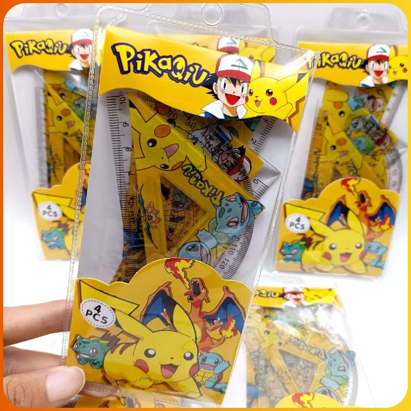 

4 шт., линейки Пикачу, треугольная доска, транспортир, покемоны, детские канцелярские принадлежности для рисования, студенческие каваи, школьные принадлежности, подарок для детей