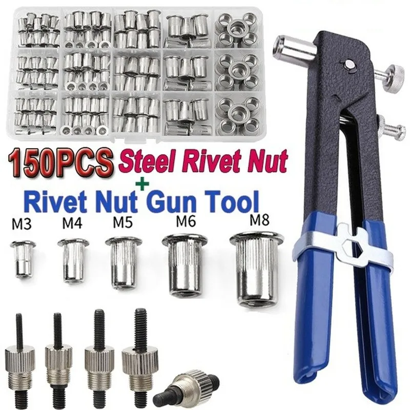 150PCS Rivet Nuts Kit M3/M4/M5/M6/M8 Set +1PCS Rivet Nut Gun+5PCS Nut Rivet Mandrels repairtool,rivetgun,flatheadscrew,