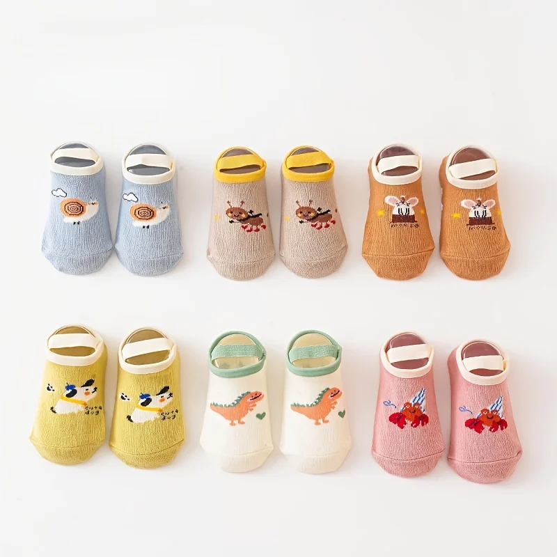 6 pairs of boys and girls' anti slip socks with cute cartoon animal patterns, comfortable and breathable baby floor socks