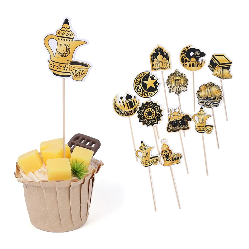 

12Pcs Eid Mubarak Paper Cake Toppers Golden Black Moon CupCake Topper Islamic Muslim Ramadan Kareem Party DIY Cake Decoration