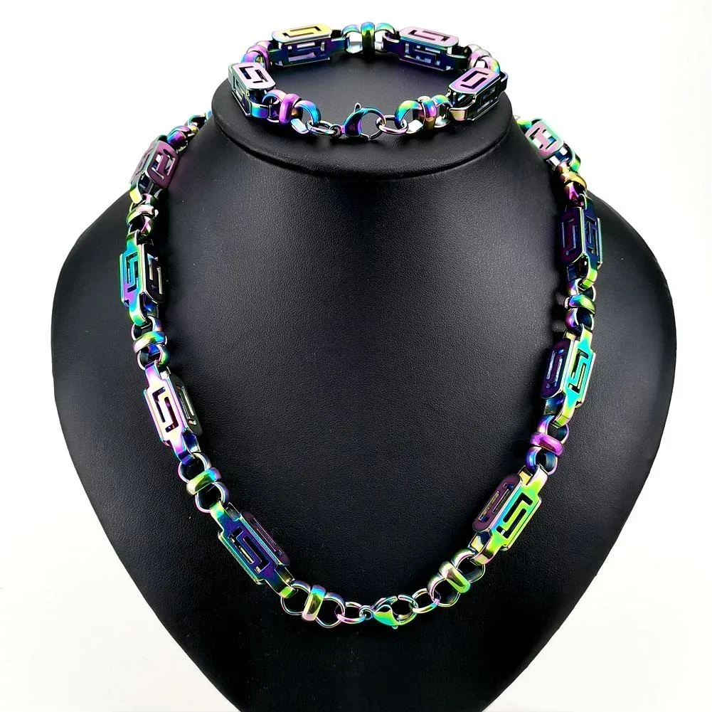 

Rainbow Iridescent Stainless Steel 8.5mm Width Man's Woman's Long Necklace Bracelet Chain Jewelry
