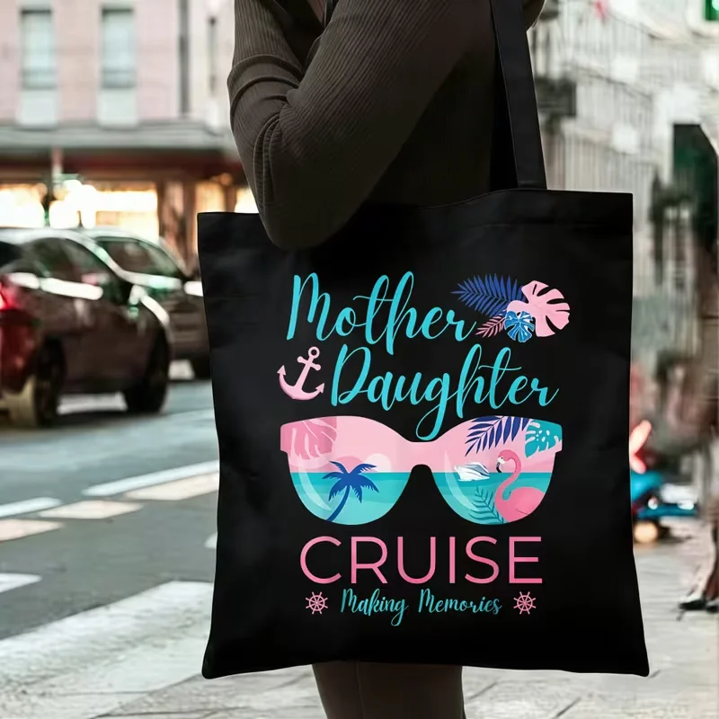 Mother Daughter Cruise Flamingo Sunglasses Print Canvas Tote Bag Family Trip Reusable Shoulder Bag Vacation Souvenir Shopping