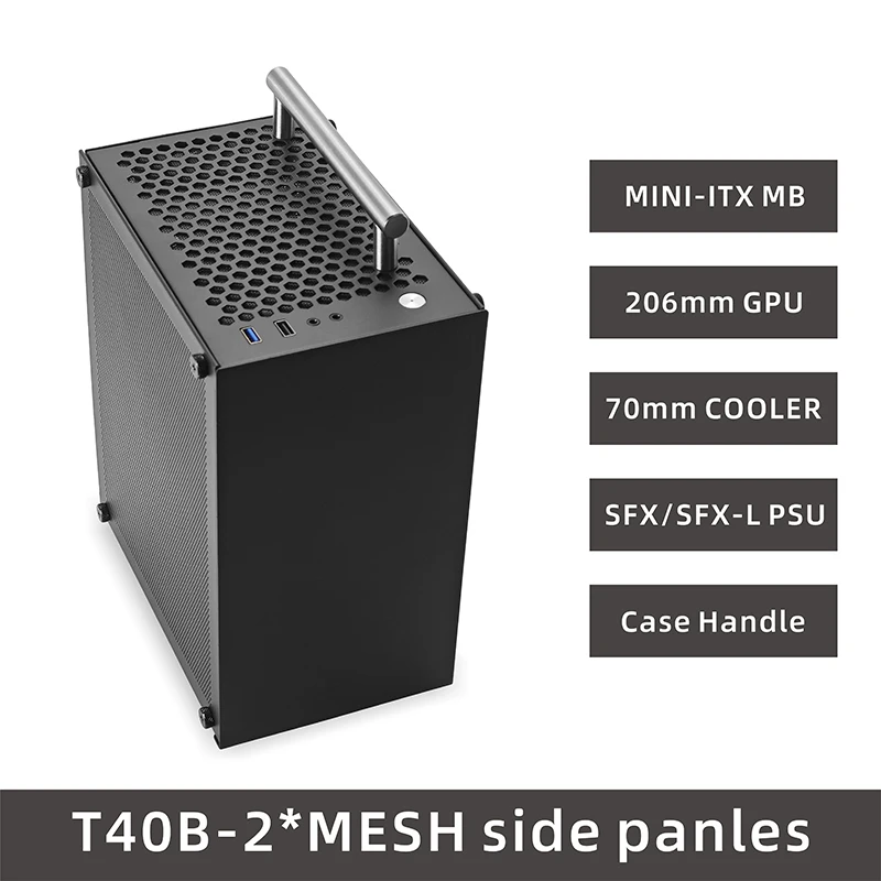 Top T40 Mini ITX Black Case 7L Gaming Computer Chassis Compact transparent PC Support SFX PSU/70mm Cooler With Handle