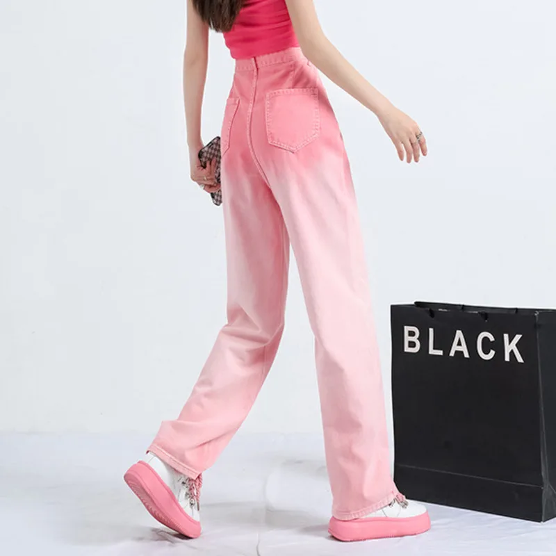 #2409 Gradient  Pink Purple Denim Long Jeans Women Slim Straight High Waisted Ladies Jeans France Style Streetwear Jeans Femme