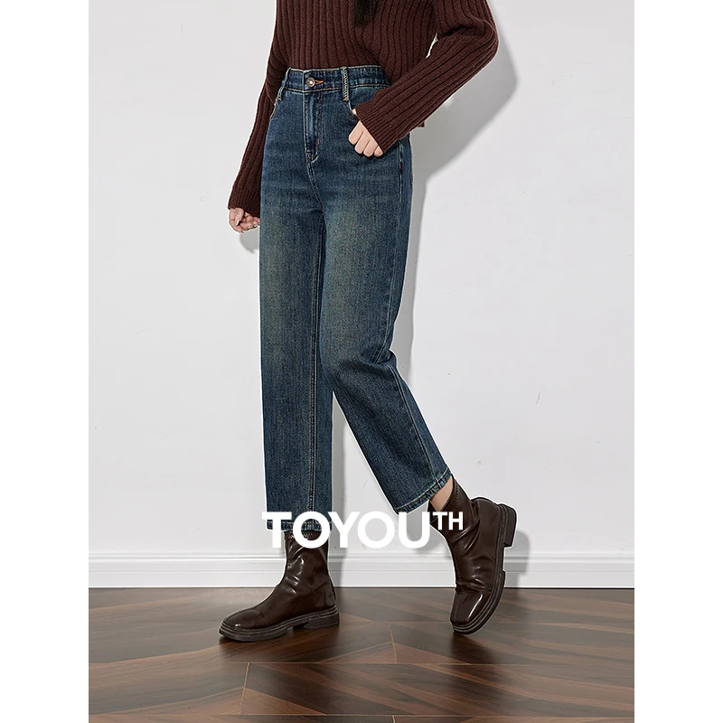 TOYOUTH Women Denim Jeans 2024 Autumn Winter New Mid Waist Pear Shaped Straight Ankle Length Harem Pants