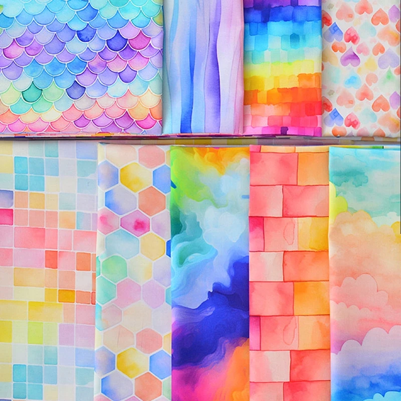 Colorful Rainbow Cloud Printed Cotton Fabric 145x50 Cm Plain DIY Handmade Clothing Dress Fabric for Creative Projects