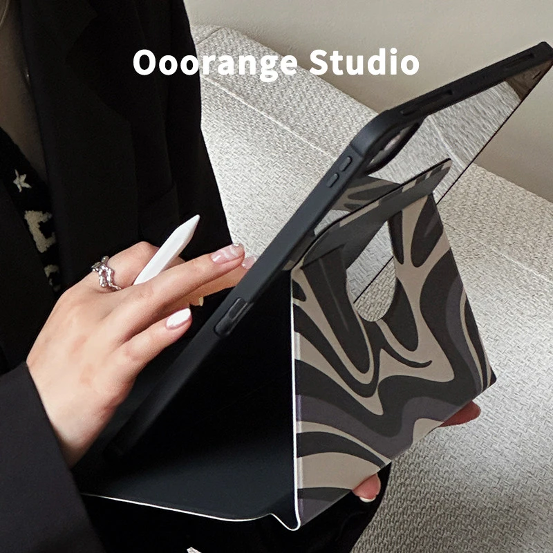 Ins Cool Black Stripe Y2K 360° Rotation Cover For iPad Pro 13 11th M5 M4 12.9 A16 10 8 7 9th 10th Air 11 M2 M3 Mini Tablet Case