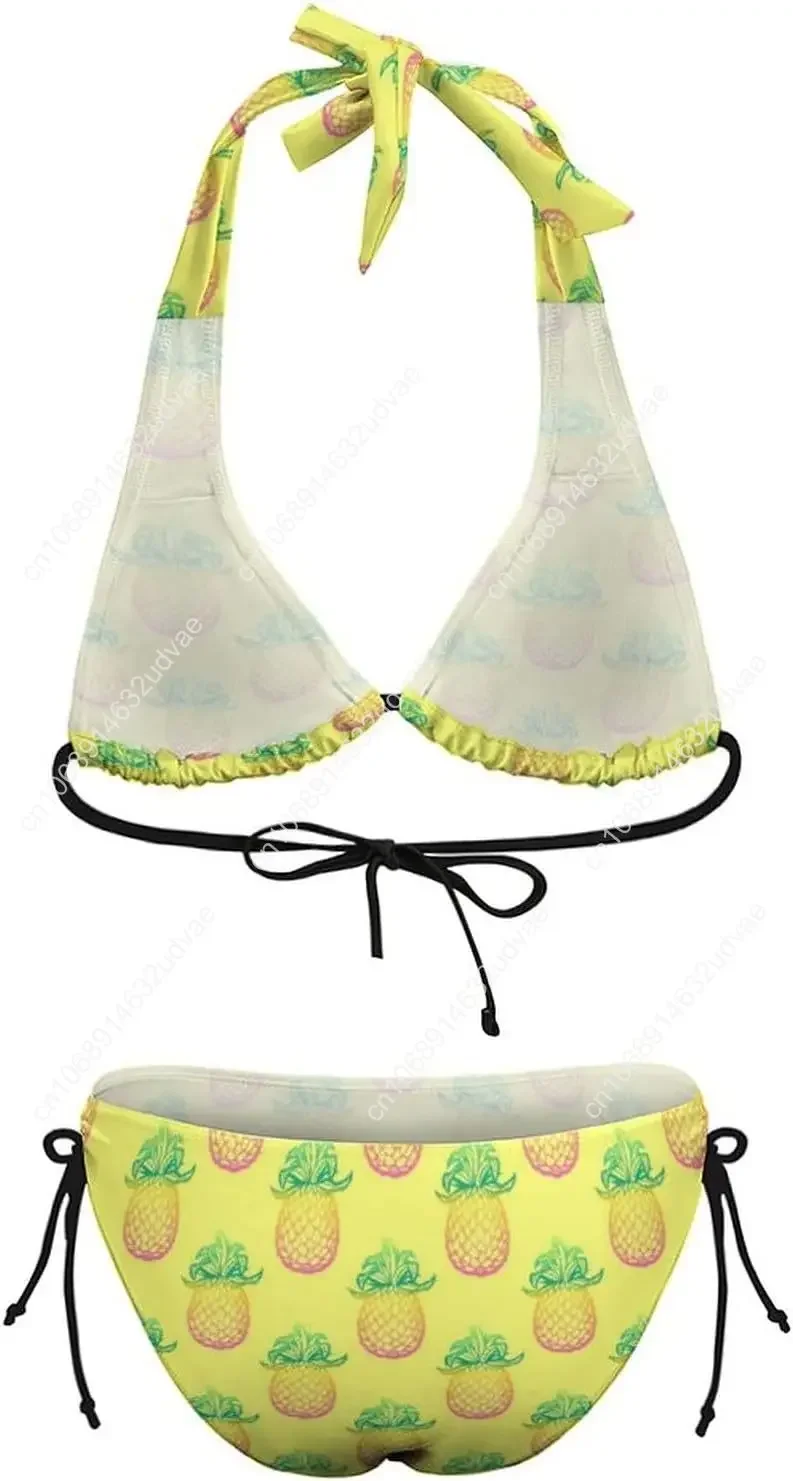 Damesbadpak met ananasprint en driehoekige bikinibadpakken met strikband aan de zijkant