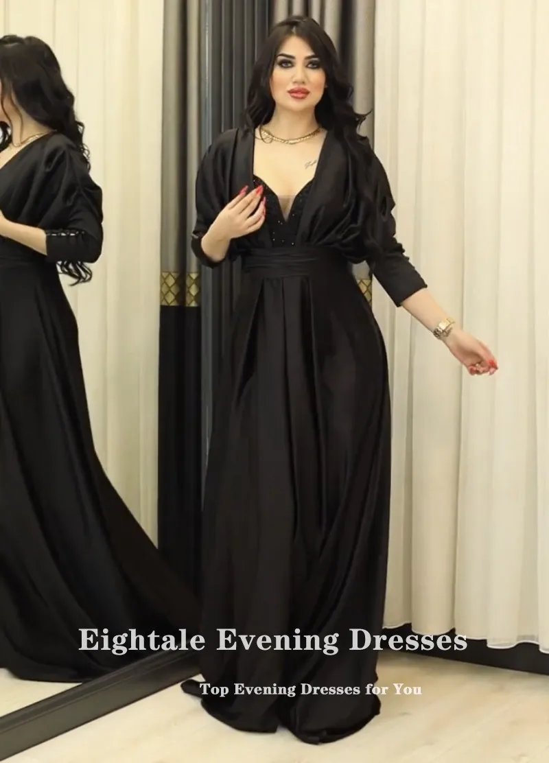 Eightale gaun malam Arab, hitam leher V lengan panjang manik-manik A-Line Satin acara Formal gaun pesta Prom jubah Soiree