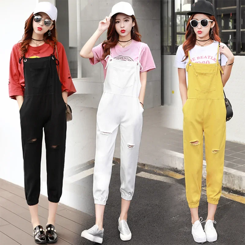 

Spring Autumn Women Black Ripped Jeans Jumpsuit Vintage Loose Yellow Denim Overalls Women Casual Red Suspender Denim Jumpsuit