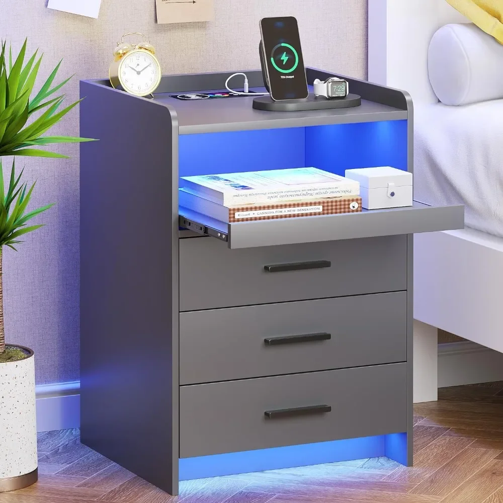 Equipped with wireless charging station and human body sensor design, 3 drawers, LED modern bedside table, free shipping